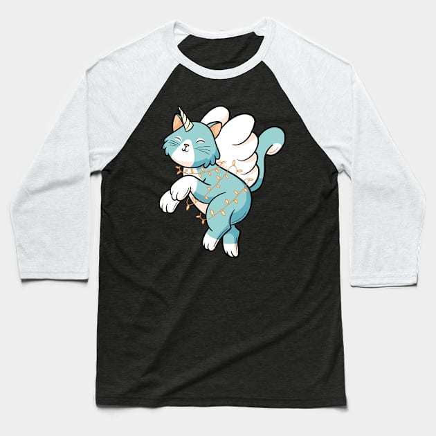 Unicorn Cat With Christmas Lights Baseball T-Shirt by OnepixArt